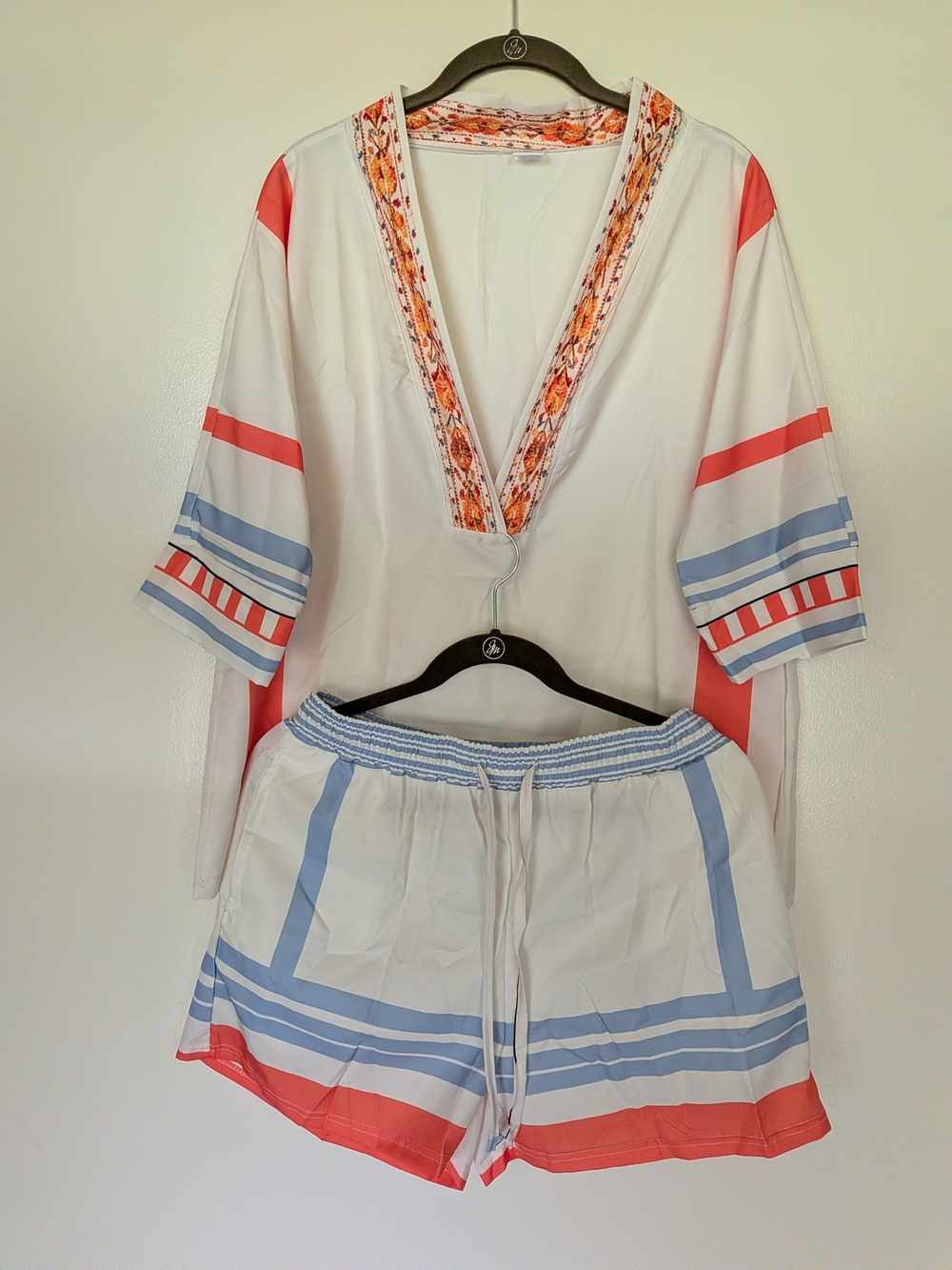 White Resort Short Set with Coral & Light Blue Trim NWT